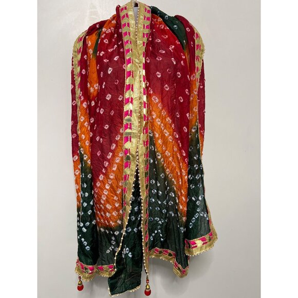 Multicolor Bandhani Dupatta With Gold & Pink Border - Picture 1 of 5